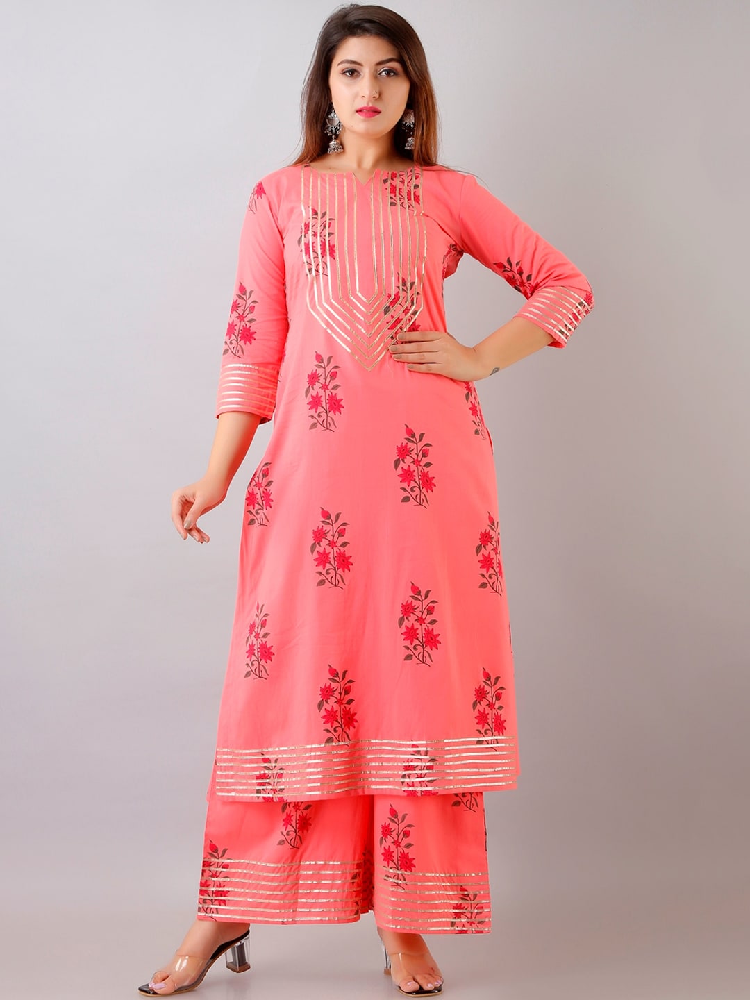 HERE&NOW Floral Printed Gotta Patti Regular Kurta with Palazzos