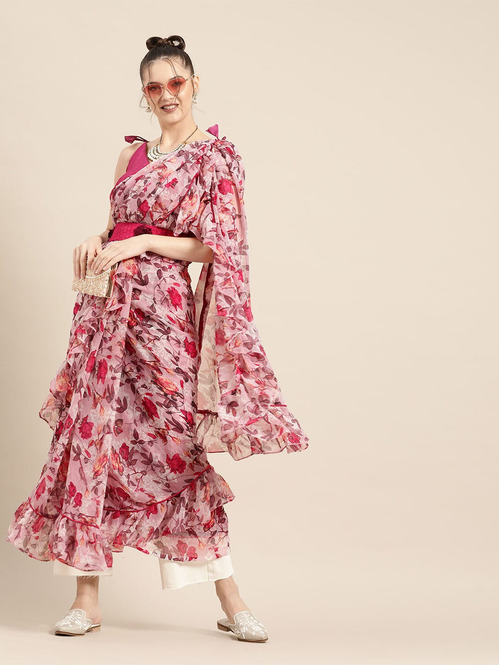 Tikhi Imli Pretty Pink Printed Poly Georgette Saree - Distacart