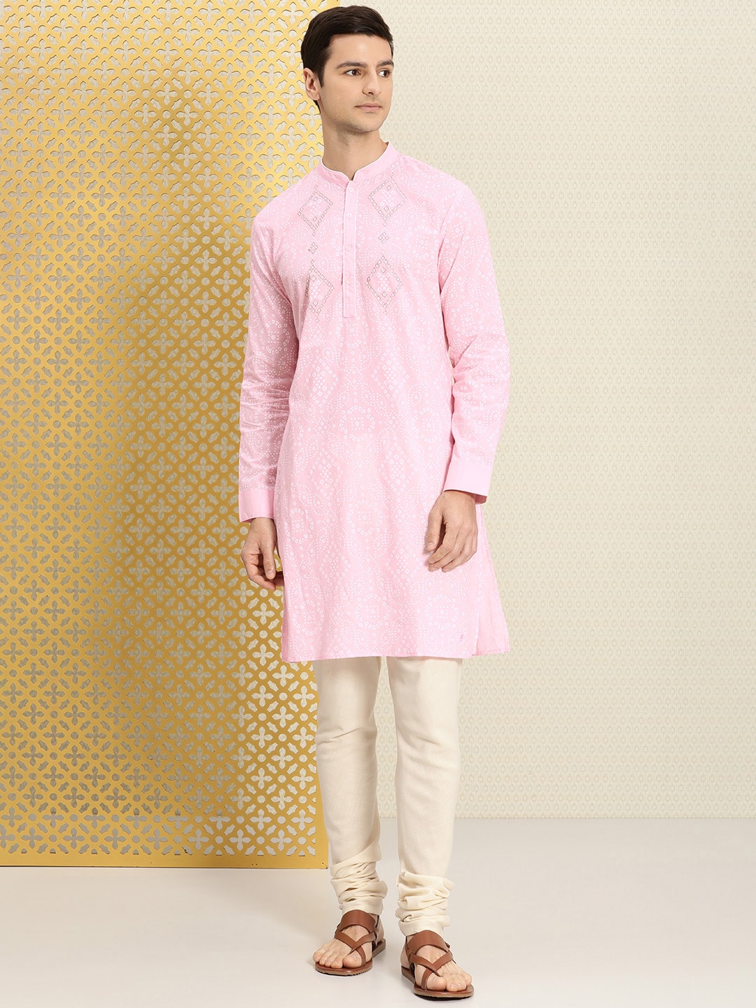 House of Pataudi Men Pink & White Bandhani Printed Pure Cotton Jashn Kurta