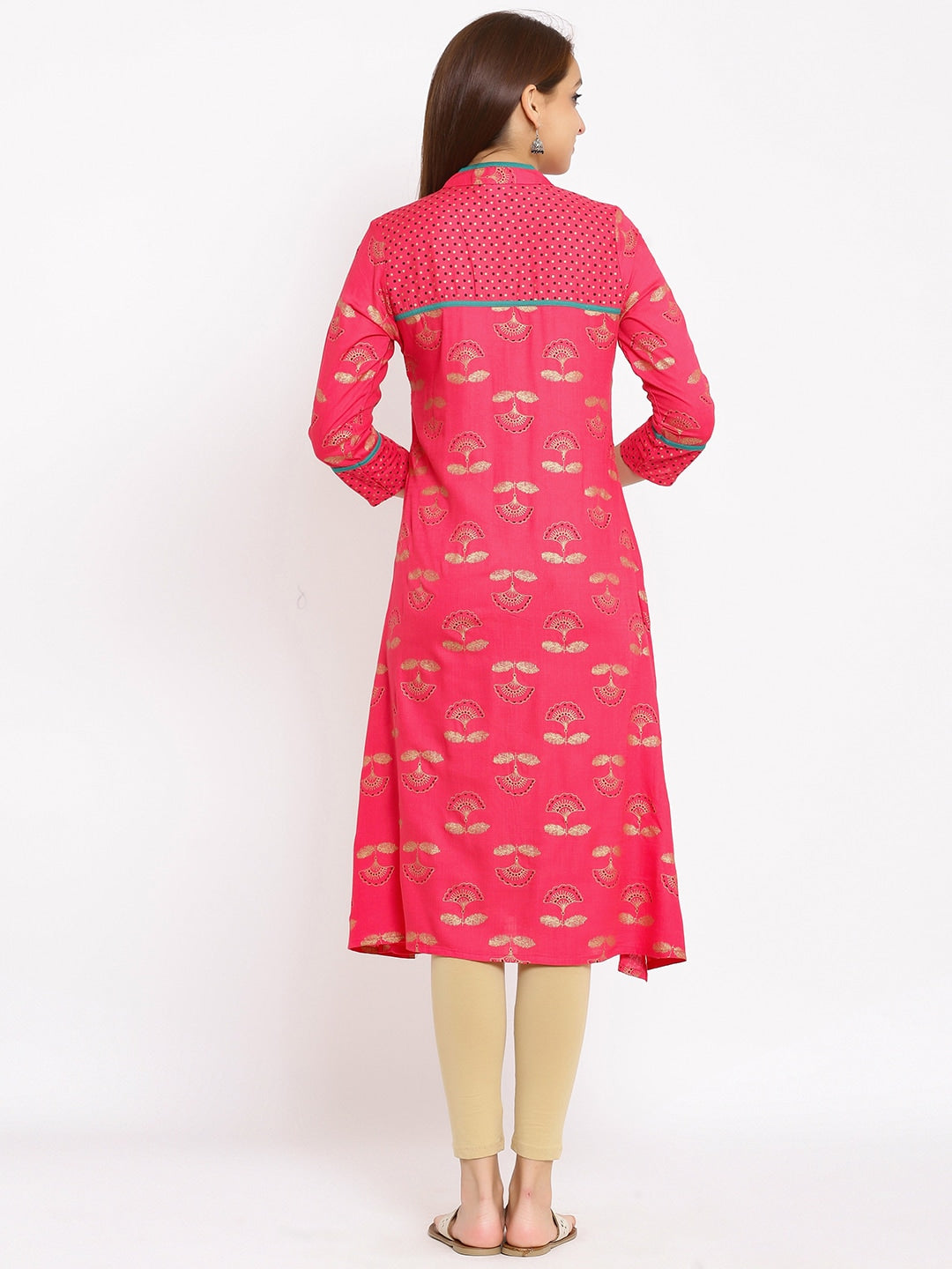 HERE&NOW Coral Mandarin Collar Ethnic Motifs Printed A-Line Kurta