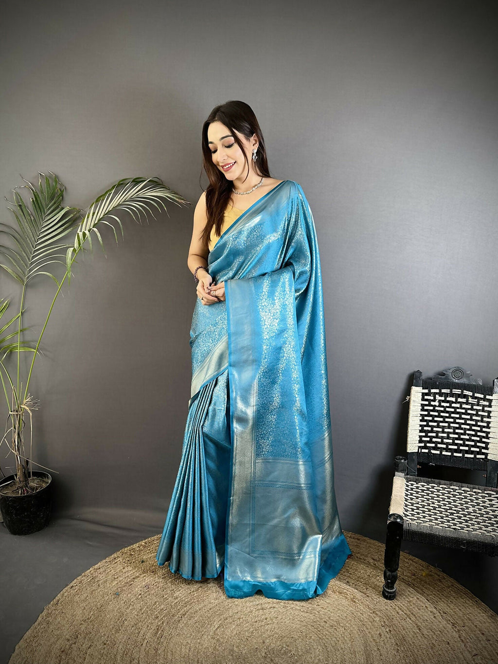 Joban Fashion Ocean Blue Floral Motifs & Ethnic Design Soft Satin Silk Kanchipuram Saree - Distacart