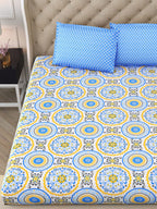 DREAM WEAVERZ Blue & Yellow Cotton Ethnic Motifs 300 TC Double Bedsheet with 2 Pillow Covers