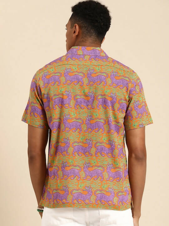Orange Relaxed Opaque Printed Casual Resort Shirt - Mahotsav