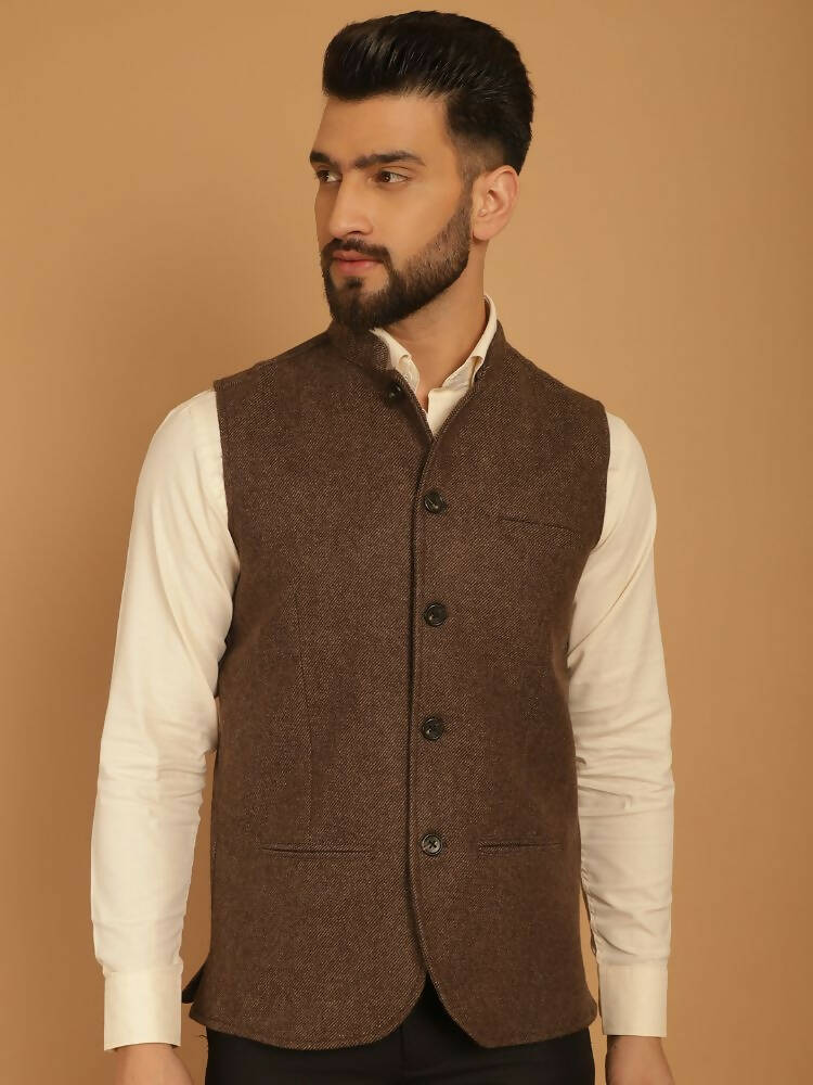 Even Apparels Pure Wool Nehru Jacket - Brown