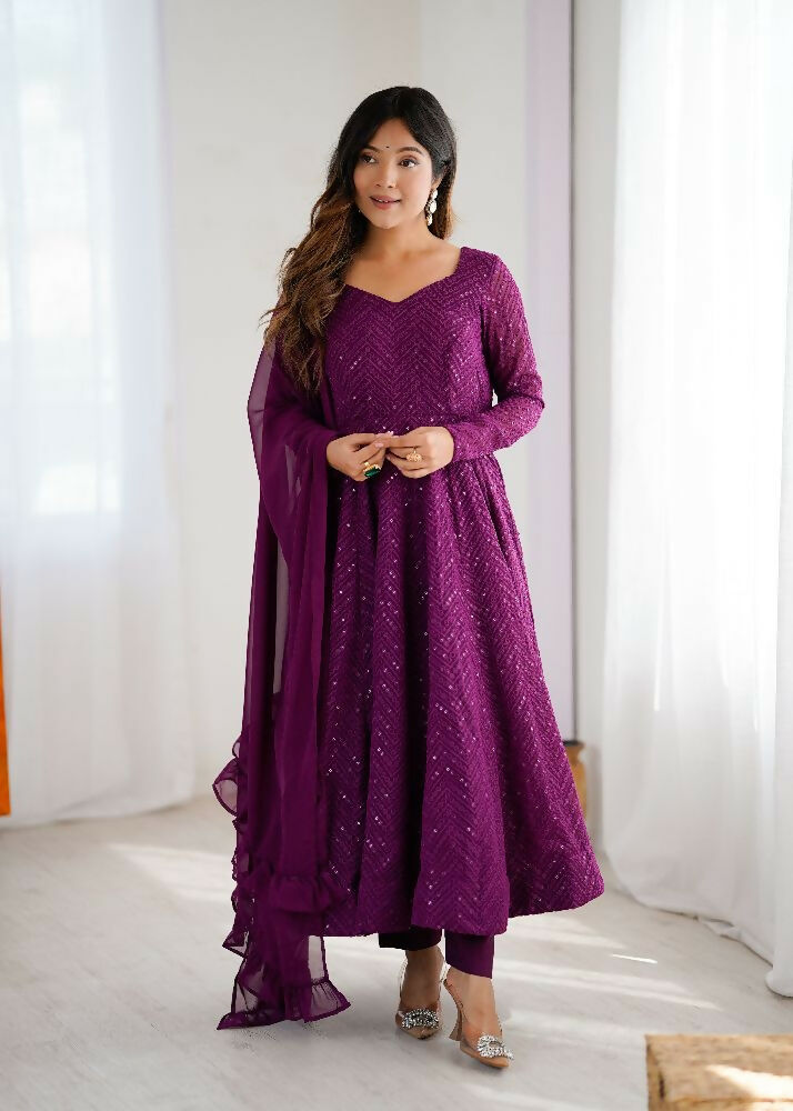 Joban Fashion Wine Kurta Set Georgette Sequence Embroidery Work - Distacart