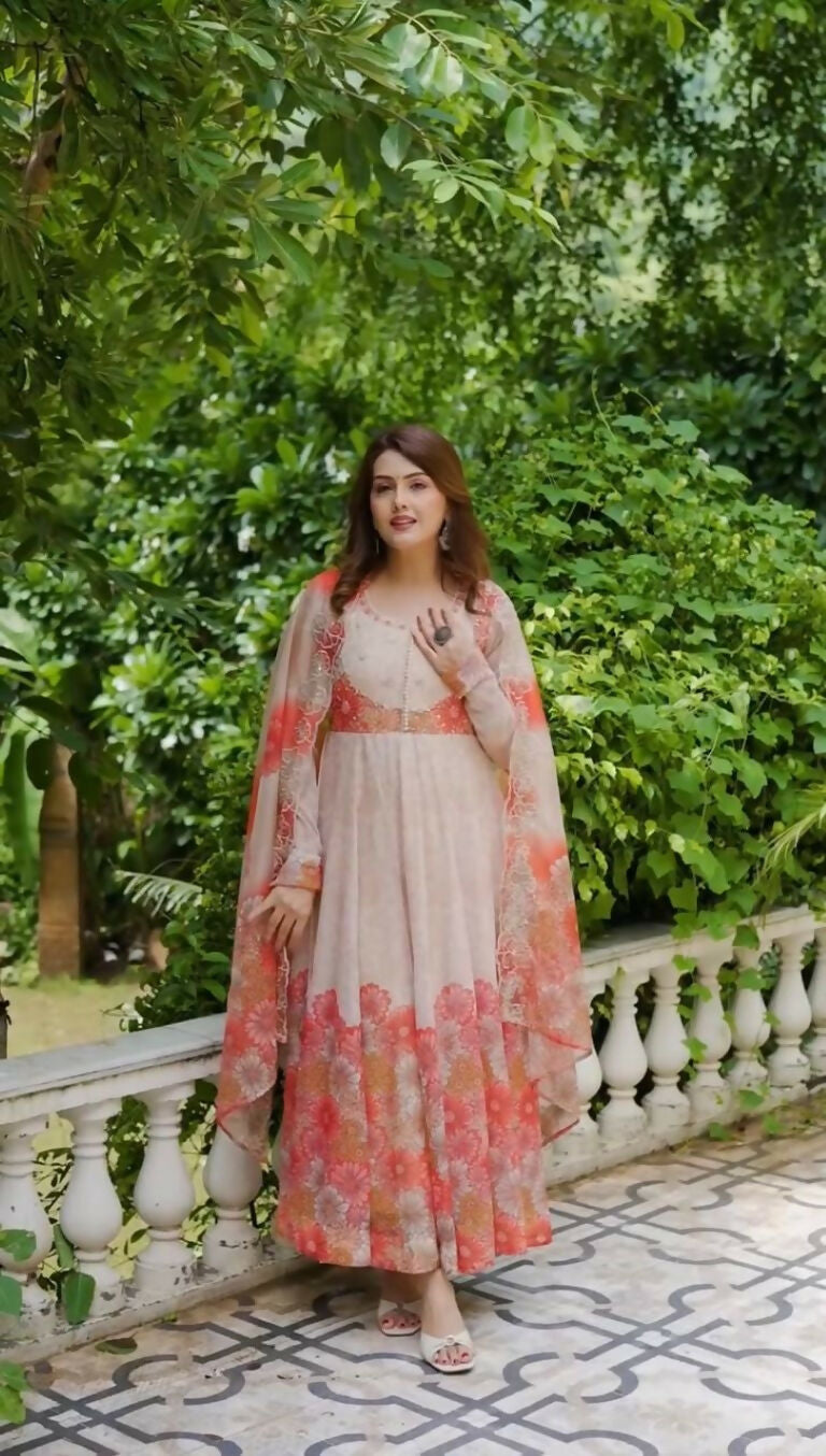 Teeya Creation Multi Color Organza Silk With Digital print With Embroidery Gown - Distacart
