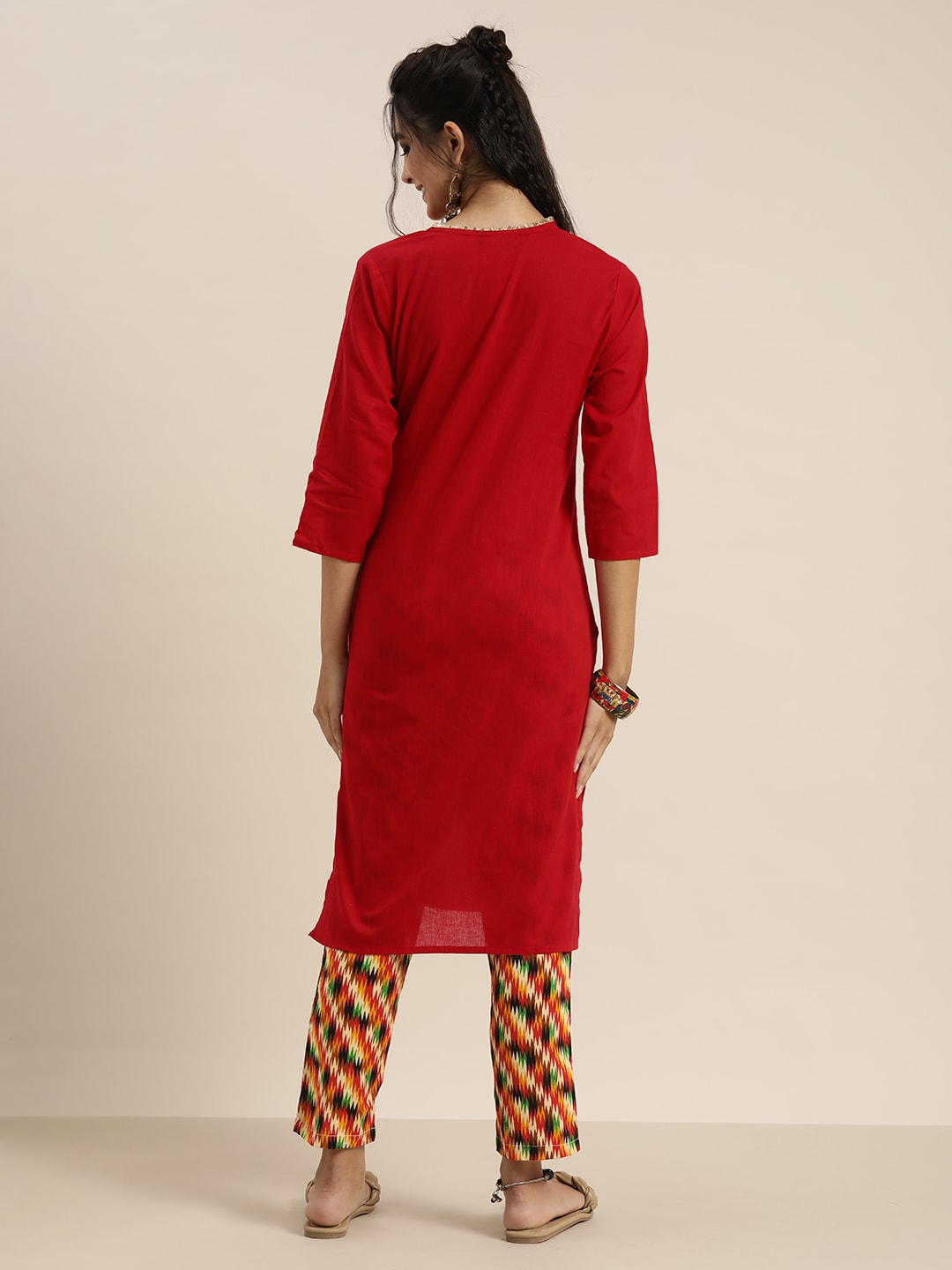 Sangria Women Red Solid Pure Cotton Gotta Patti Kurta with Abstract Print Trousers
