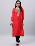 Souchii Red Yoke Design Thread Work Grandeur & Majestic Artwork Kurta - Distacart