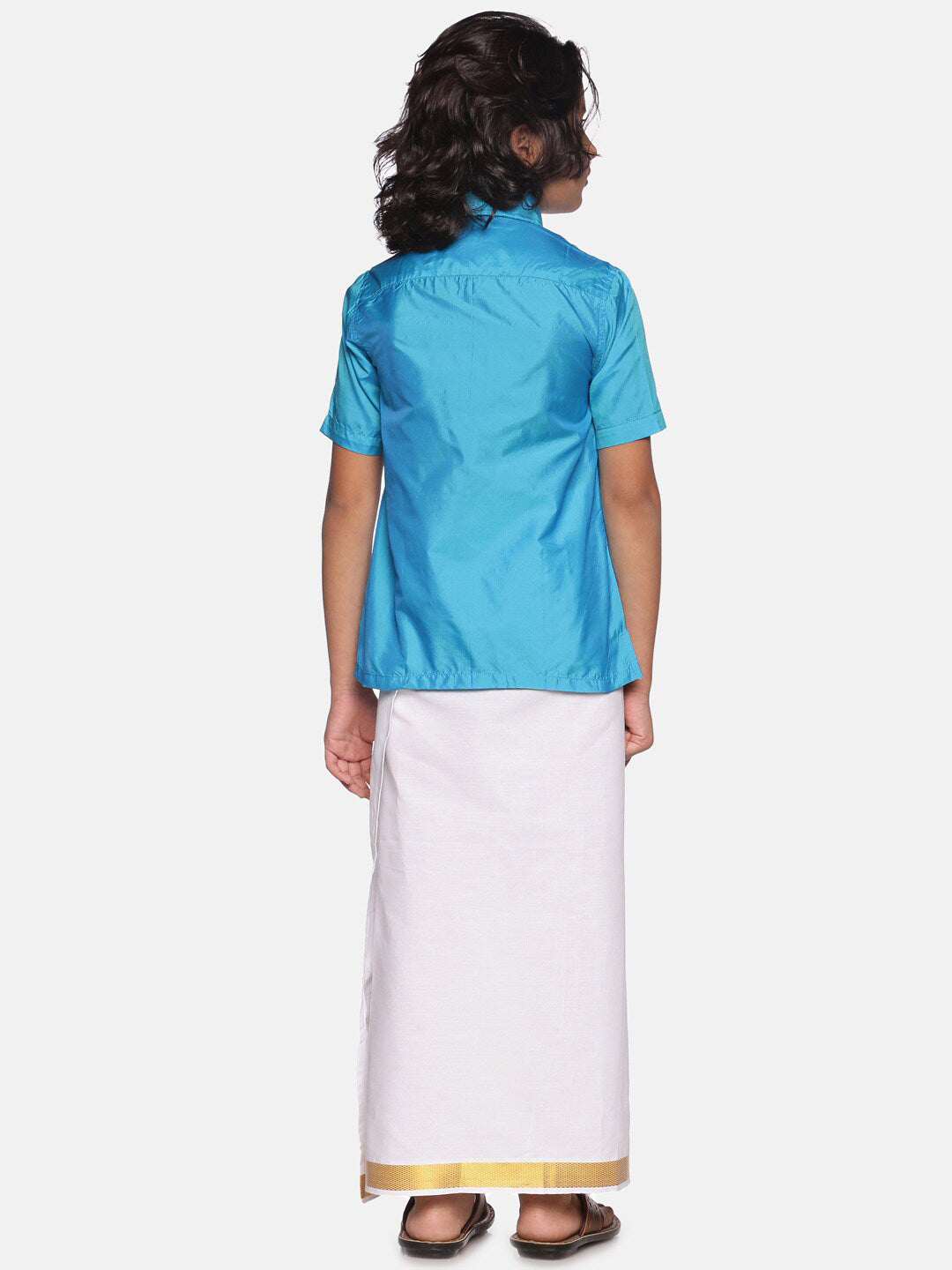 Sethukrishna Boys Turquoise Blue & White Solid Cotton Shirt & Dhoti Set