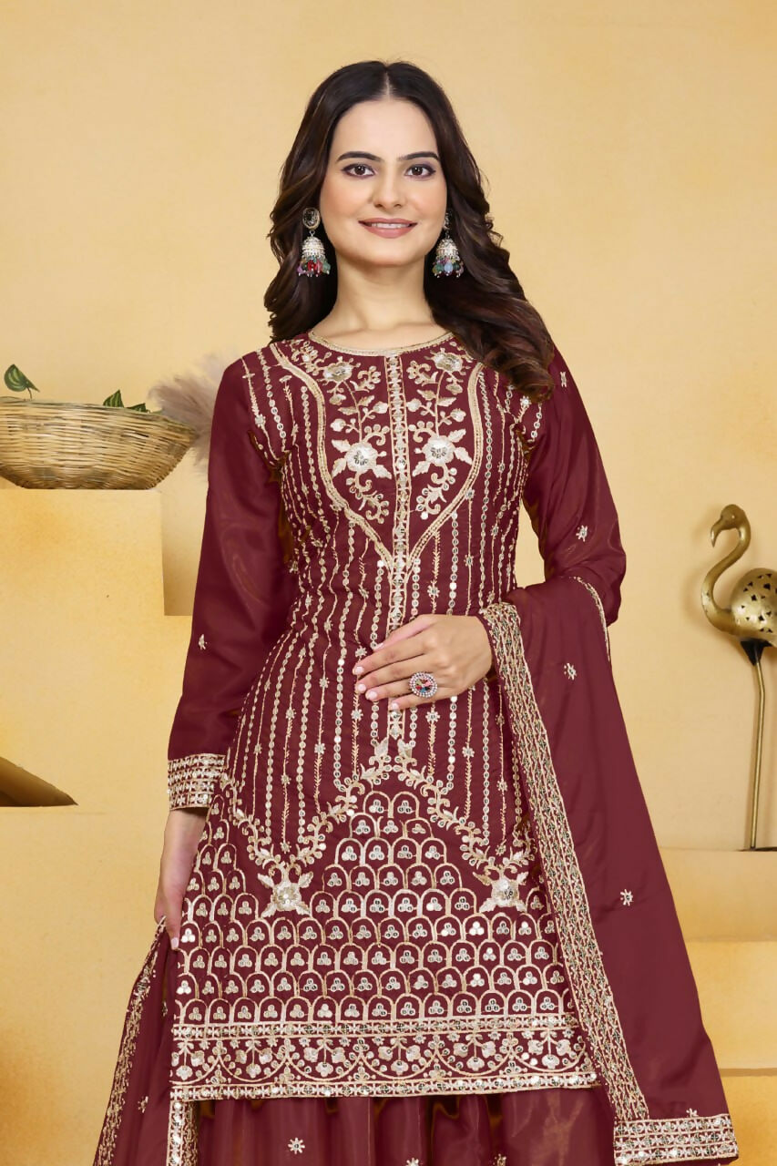 Teeya Creation Maroon Color Natural Crepe Silk Wedding Wear Trending Palazzo Set - Distacart
