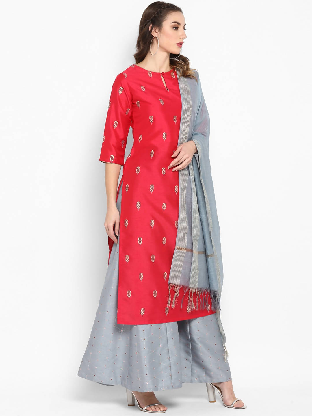 Janasya Red Poly Silk Kurta With Palazzo and Dupatta - Distacart