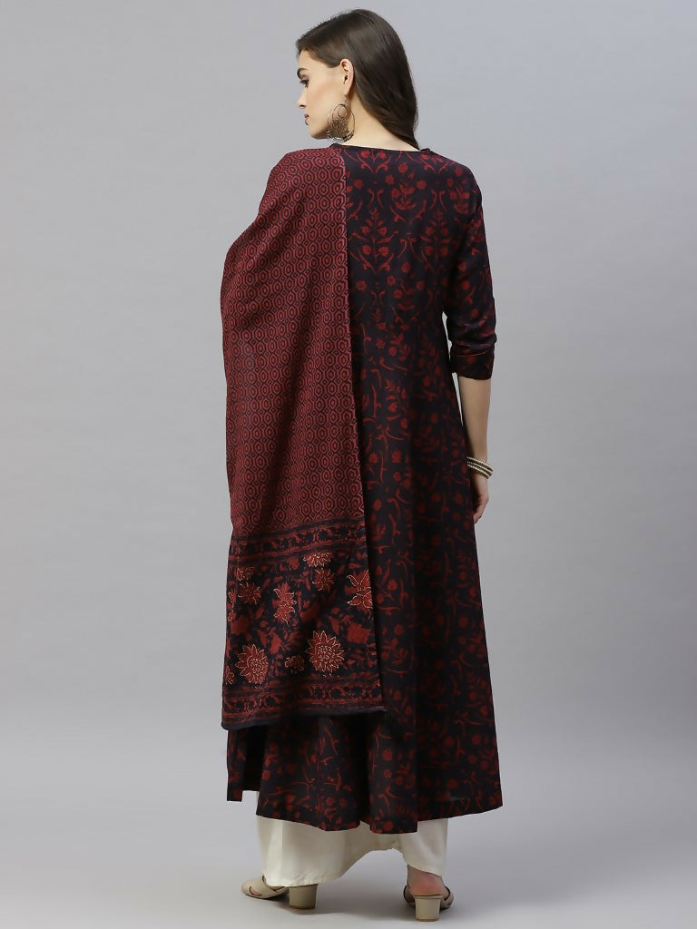 Miravan Women's Pure Floral Printed Anarkali Kurta With Gold Print Dupatta