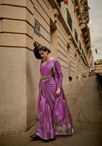 Viola Purple Weavead Thread & Zari Work, Handloom Weaving Banarasi Satin Silk Saree - Rajtex Kronicle Silk