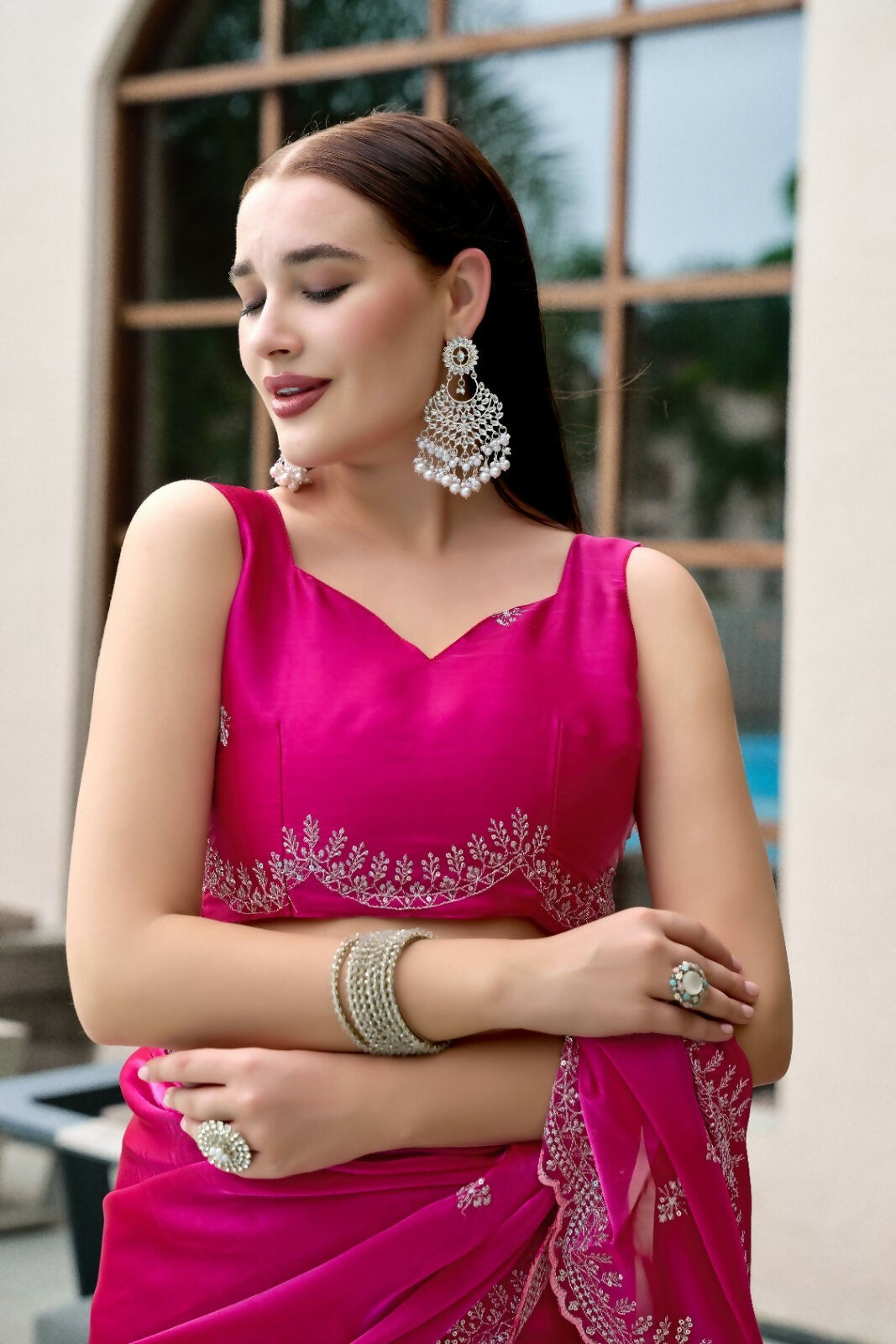 Vastranavya Pink Embroidery Work Shimmer Chiffon Saree with Unstitched Blouse - Distacart