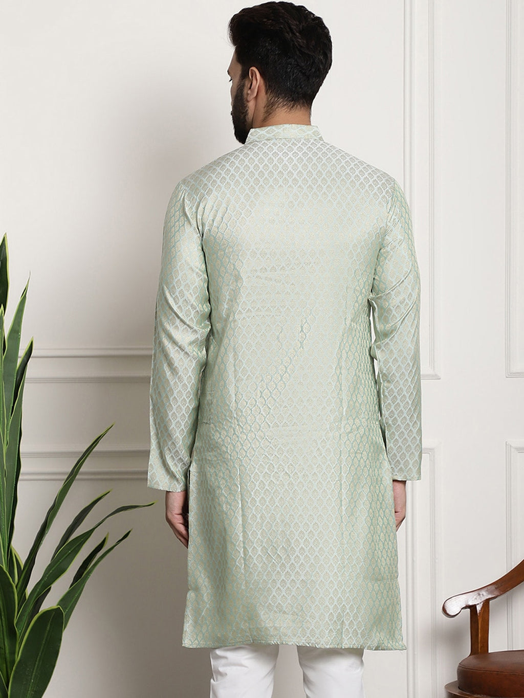 Sojanya Men Green & Beige Ethnic Motifs Jacquard Woven Design Straight Kurta