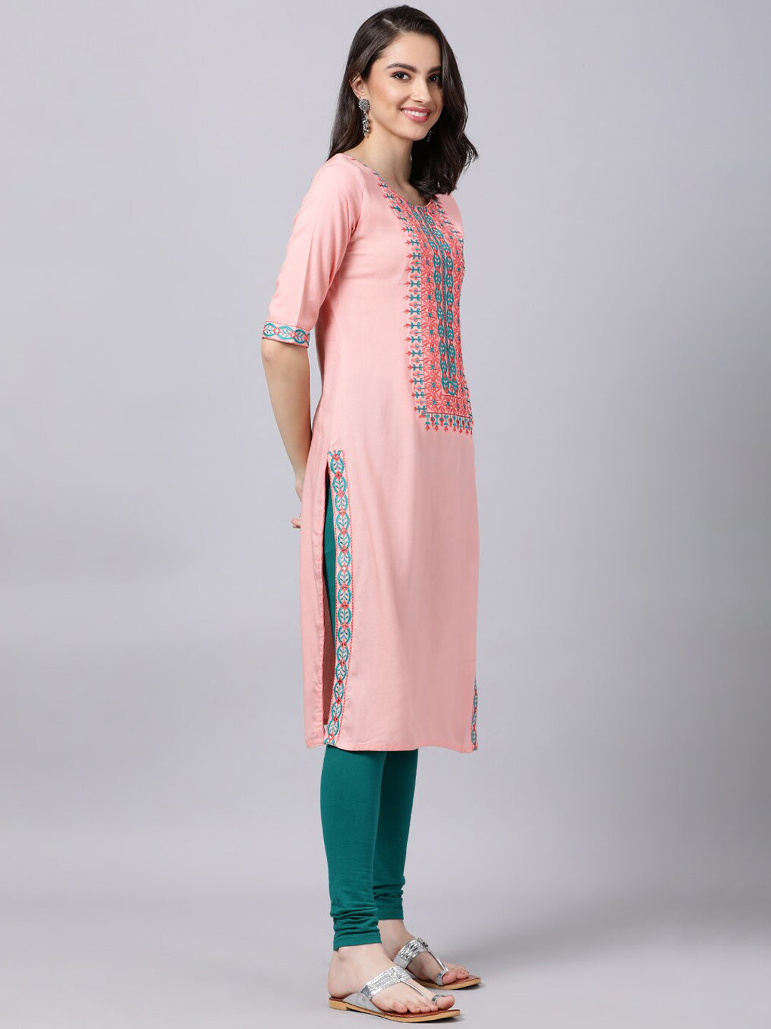 Souchii Women Peach-Coloured & Blue Ethnic Motifs Yoke Design Thread Work Pastels Kurta - Distacart