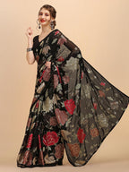 Sangria Black & Red Floral Sequinned Pure Georgette Saree - Distacart