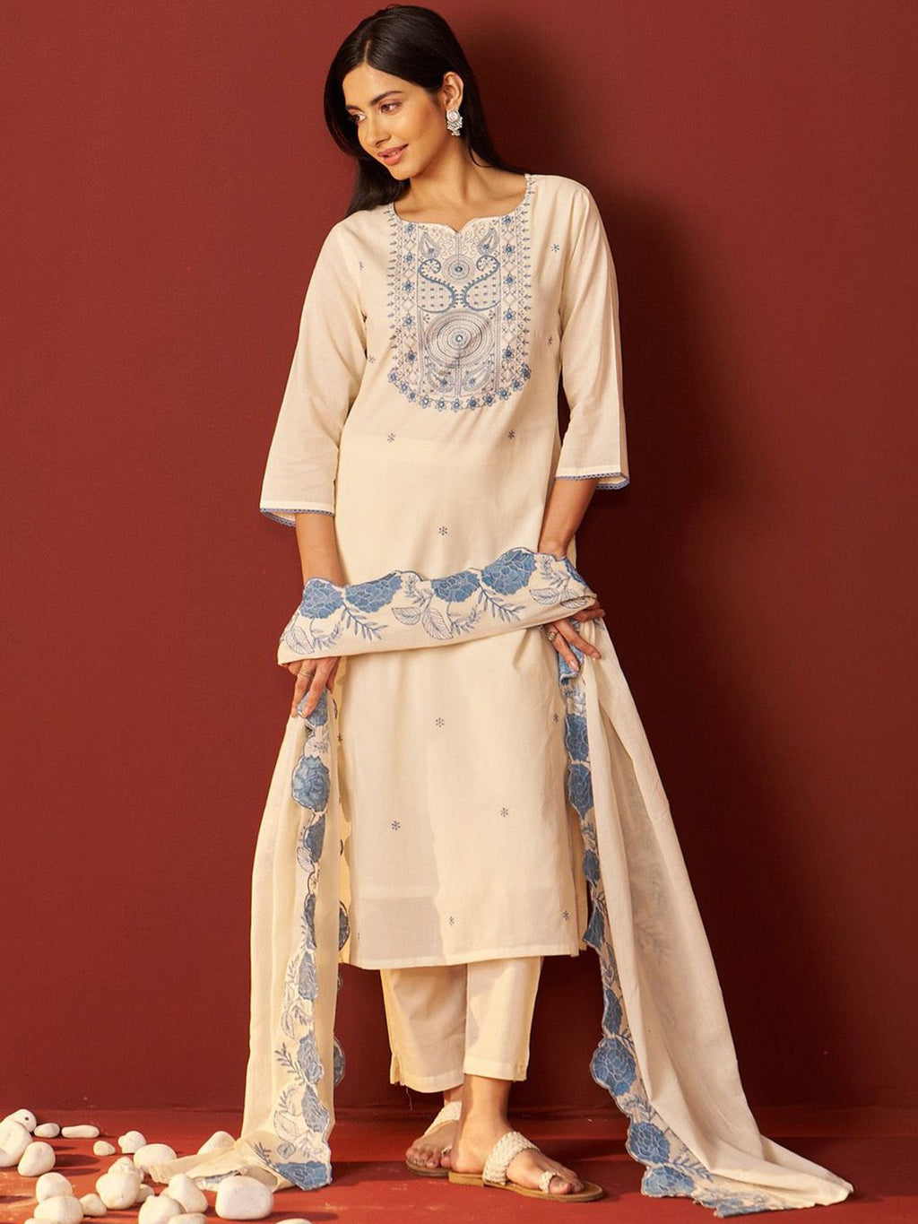 Indo Era Paisley Embroidered Thread Work Pure Cotton Kurta With Trousers And Dupatta - Distacart