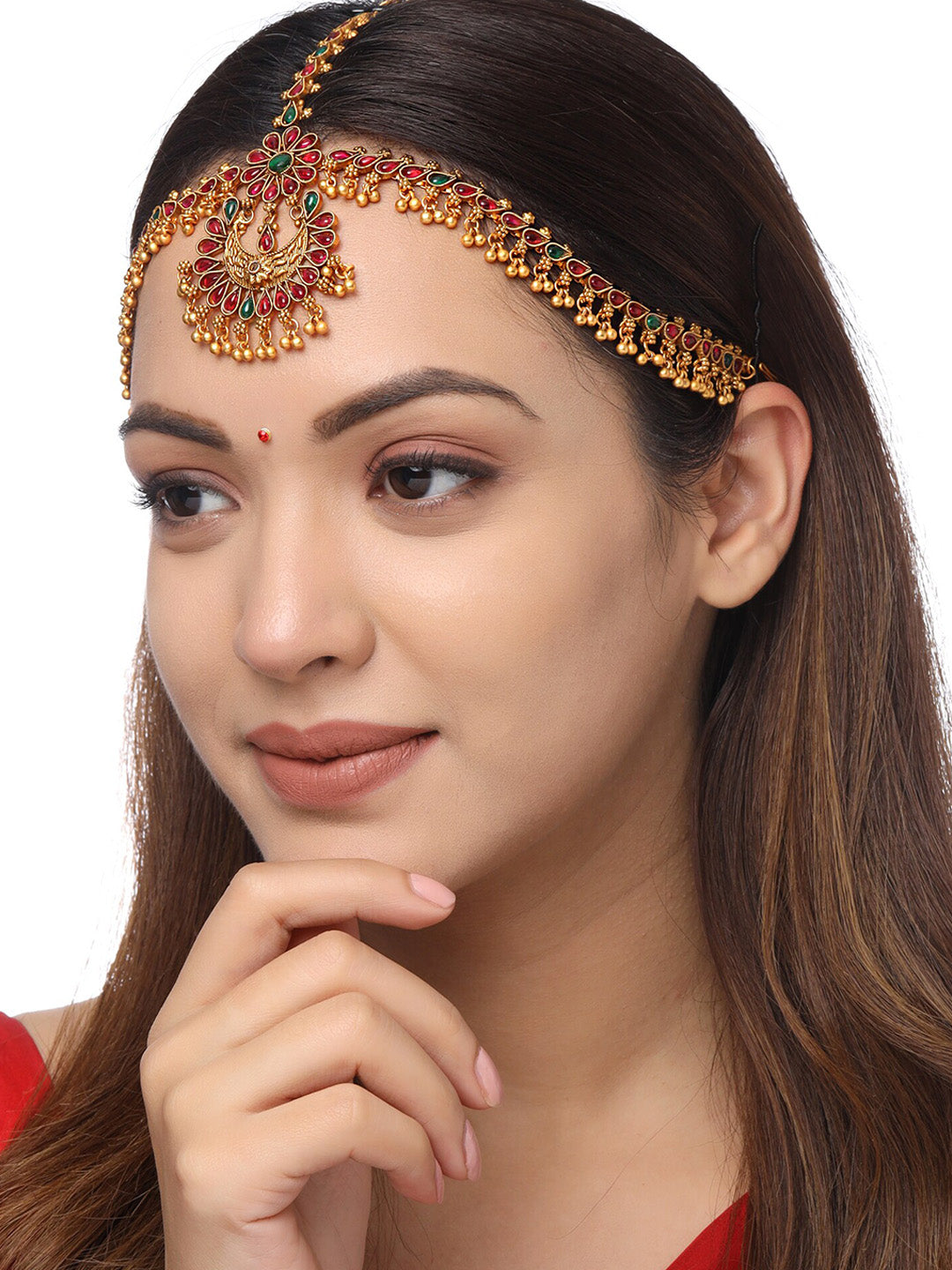 Yellow Chimes Gold-Toned Green Kundan Layered Temple Bridal Traditional Matha Patti - Distacart