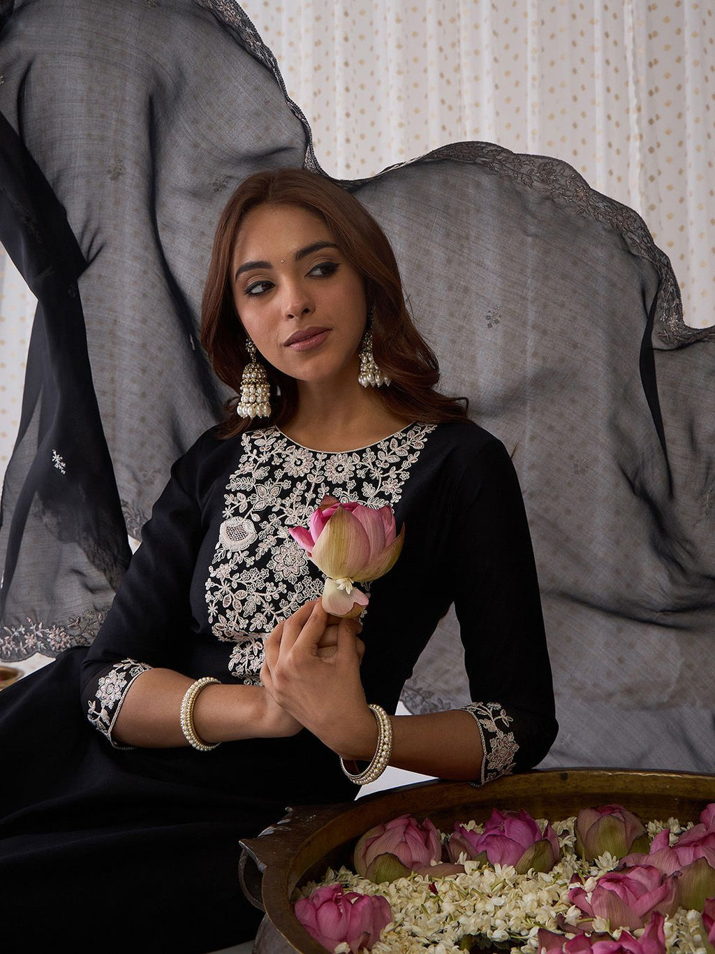 Indo Era Black Floral Embroidered Thread Work Kurta with Trousers & Dupatta - Distacart
