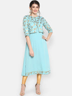 Janasya Turquoise Blue & Gold-Toned Printed A-Line Kurta - Distacart