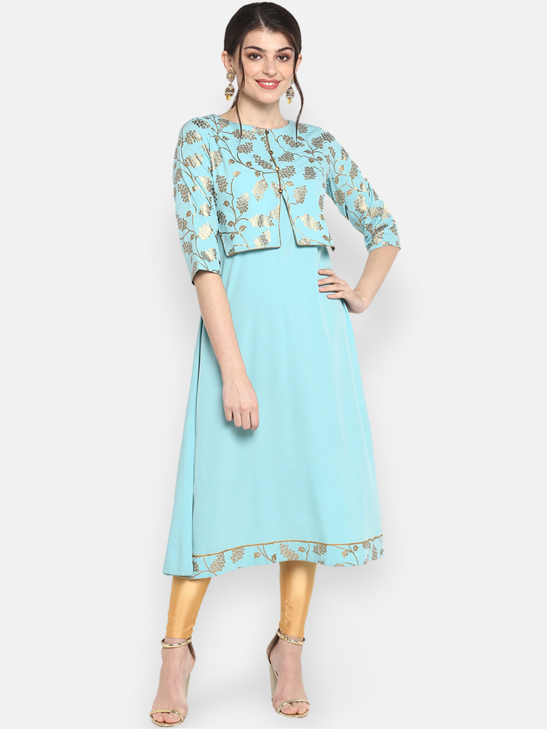 Janasya Turquoise Blue & Gold-Toned Printed A-Line Kurta - Distacart