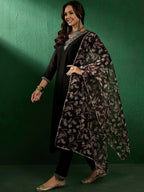 Sangria Floral Embroidered Straight Kurta With Trouser & Dupatta