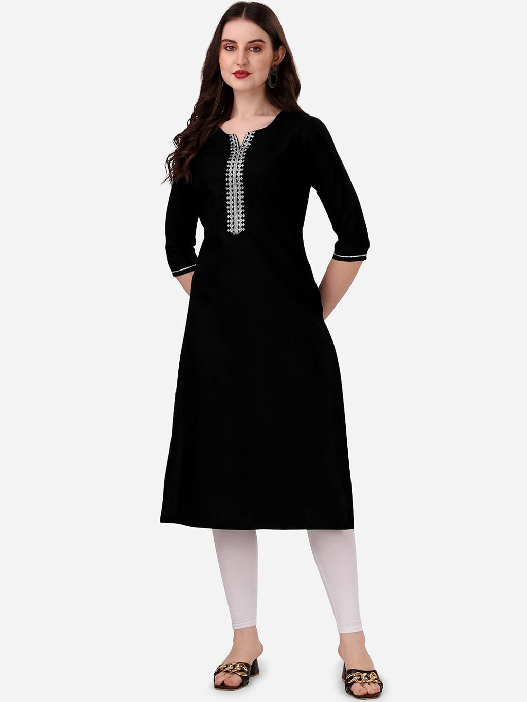 HERE&NOW Notch Neck Thread Work Straight Kurta