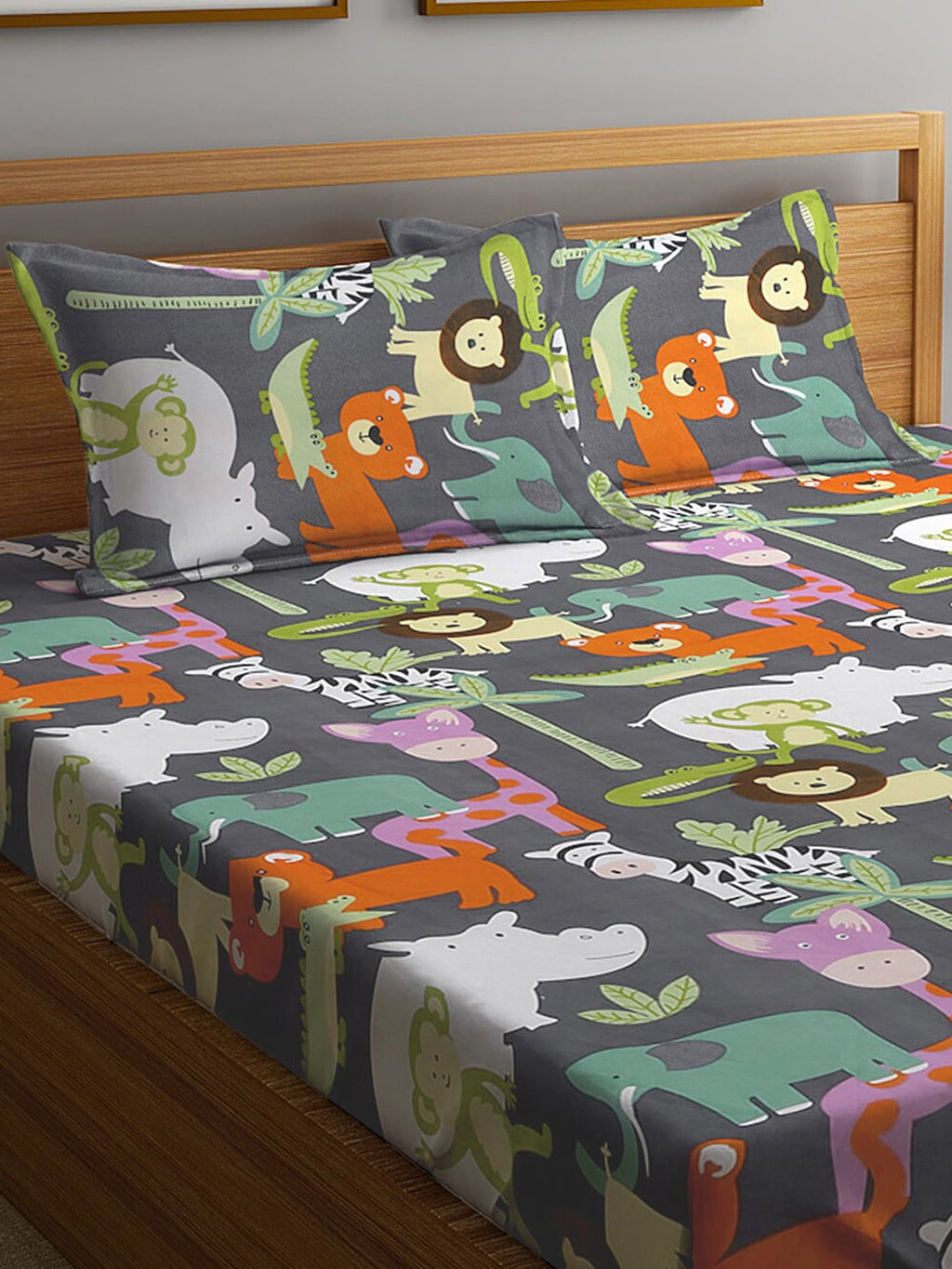 KLOTTHE Grey & Orange Cartoon Character Printed 300 TC King Bedsheet With 2 Pillow covers - Distacart