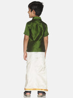 Sethukrishna Olive Green & White Solid Shirt and Veshti Set For Boys