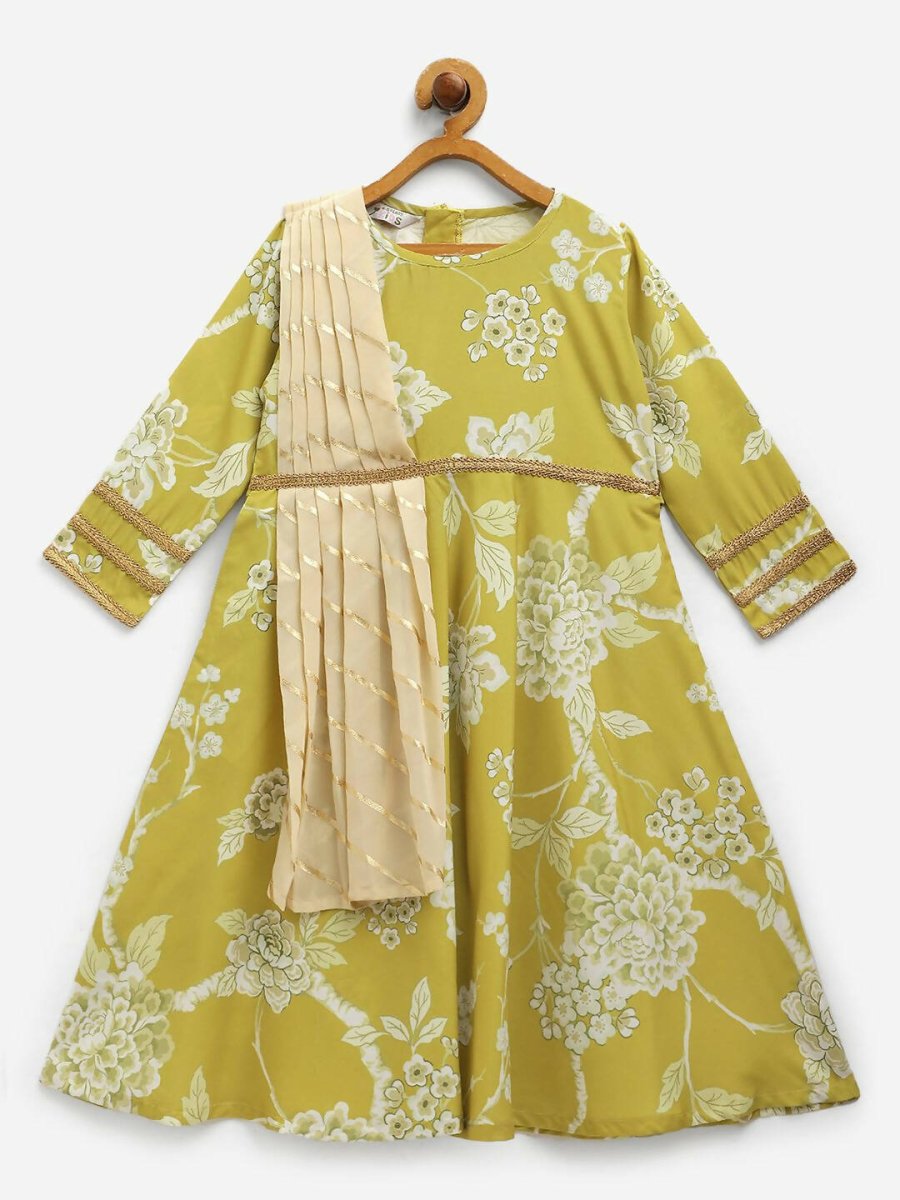 Ahalyaa Lemon Yellow Crepe Digital Print Kids Kurta With Dupatta Set For Girls
