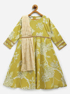 Ahalyaa Lemon Yellow Crepe Digital Print Kids Kurta With Dupatta Set For Girls
