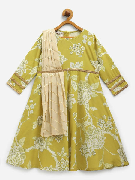 Ahalyaa Lemon Yellow Crepe Digital Print Kids Kurta With Dupatta Set For Girls