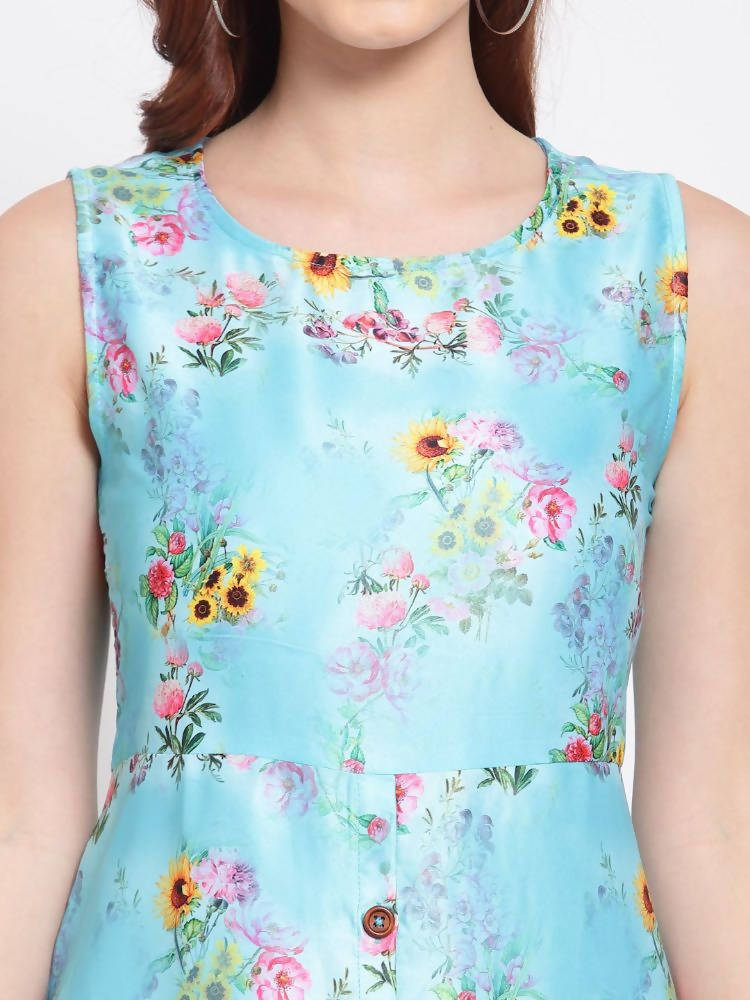 Myshka Women's Green Printed Cotton Blend Sleeveless Round Neck Casual Dress