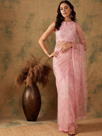 Sangria Pink Floral Embroidered Sequinned Net Saree - Distacart