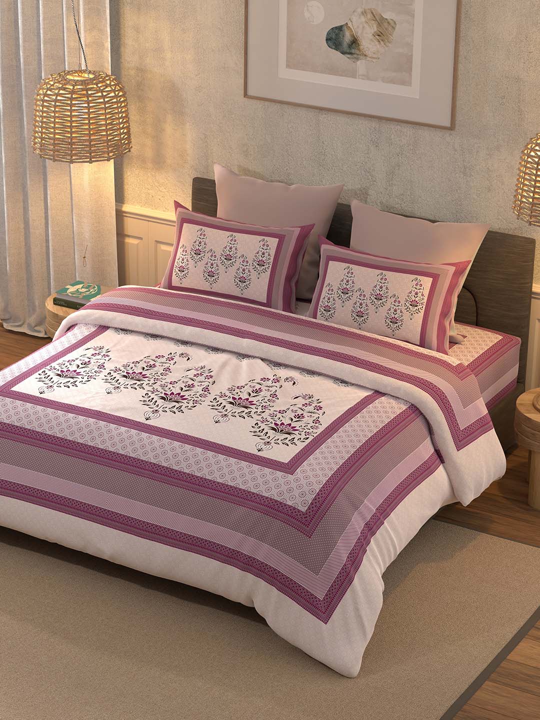 BELLA CASA Pink & White 350TC Ethnic Motifs Pure Cotton King Bedsheet with 2 Pillow Covers