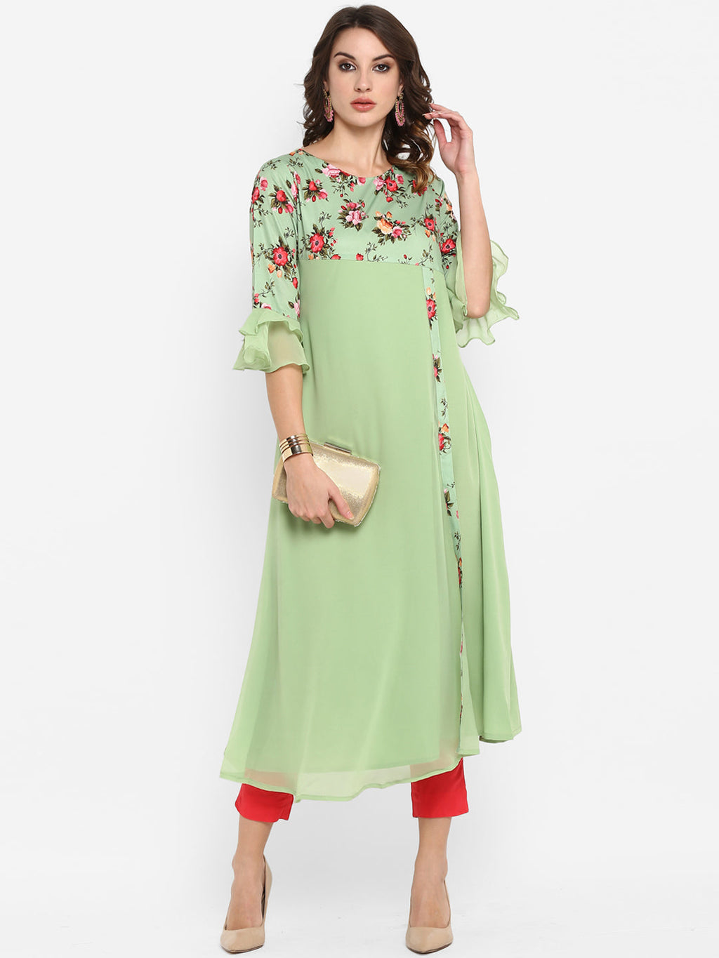 Janasya Green & Pink Floral Printed A-Line Kurta - Distacart
