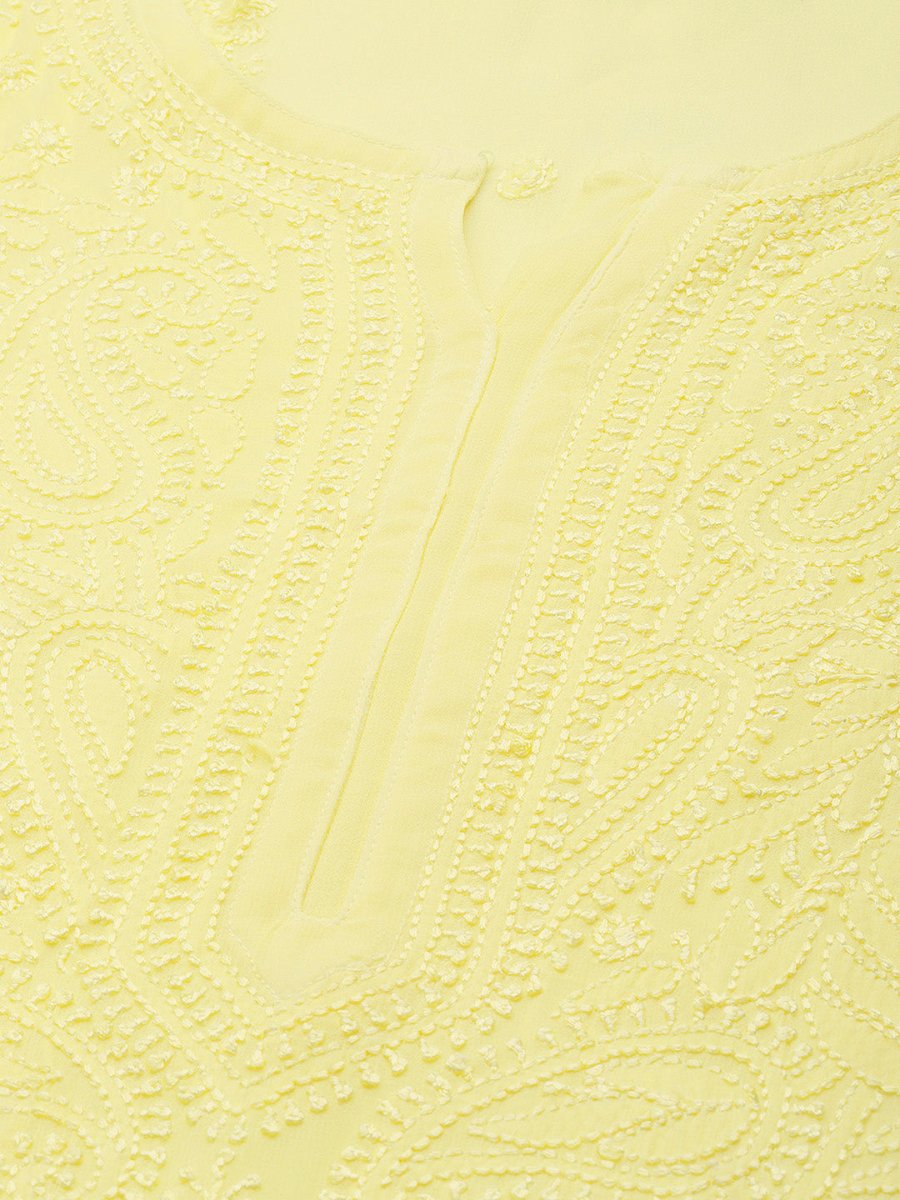 ADA Women Yellow Ethnic Motifs Embroidered Chikankari Georgette Handloom Kurta