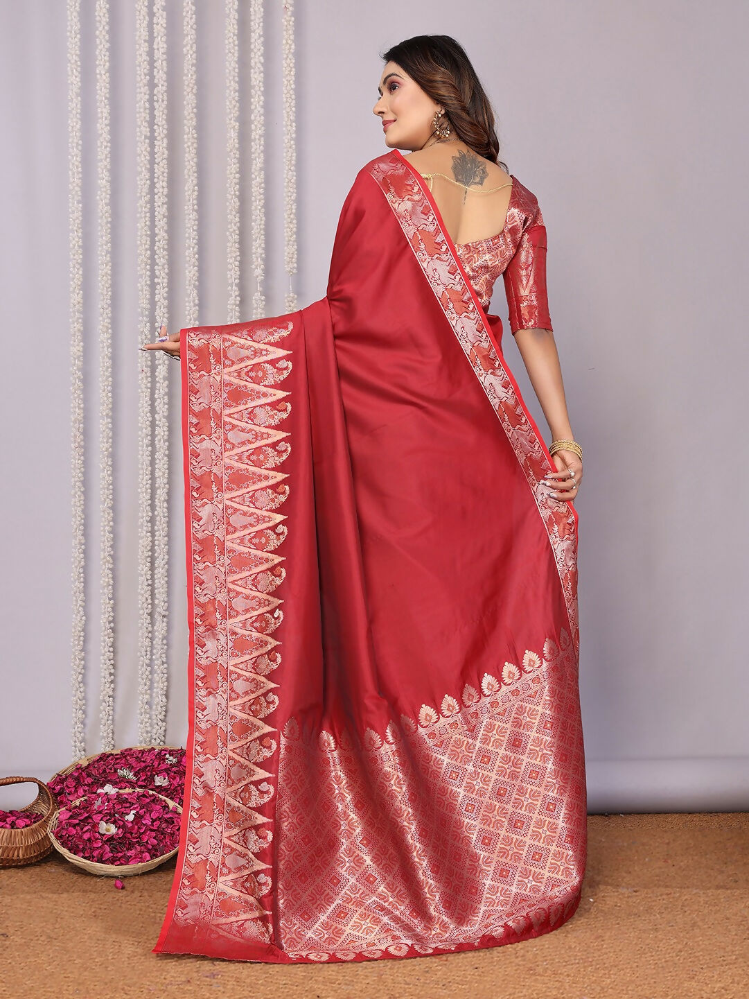 Joban Fashion Banarasi Red Jacquard WovenSoft Silk Saree - Distacart