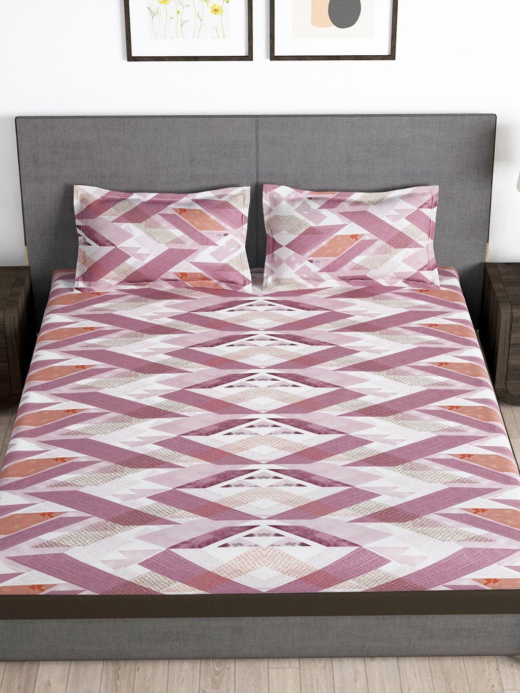 Story@home Arena Pink & White Geometric Printed 180 TC Bedsheet & Pillow Covers - Distacart