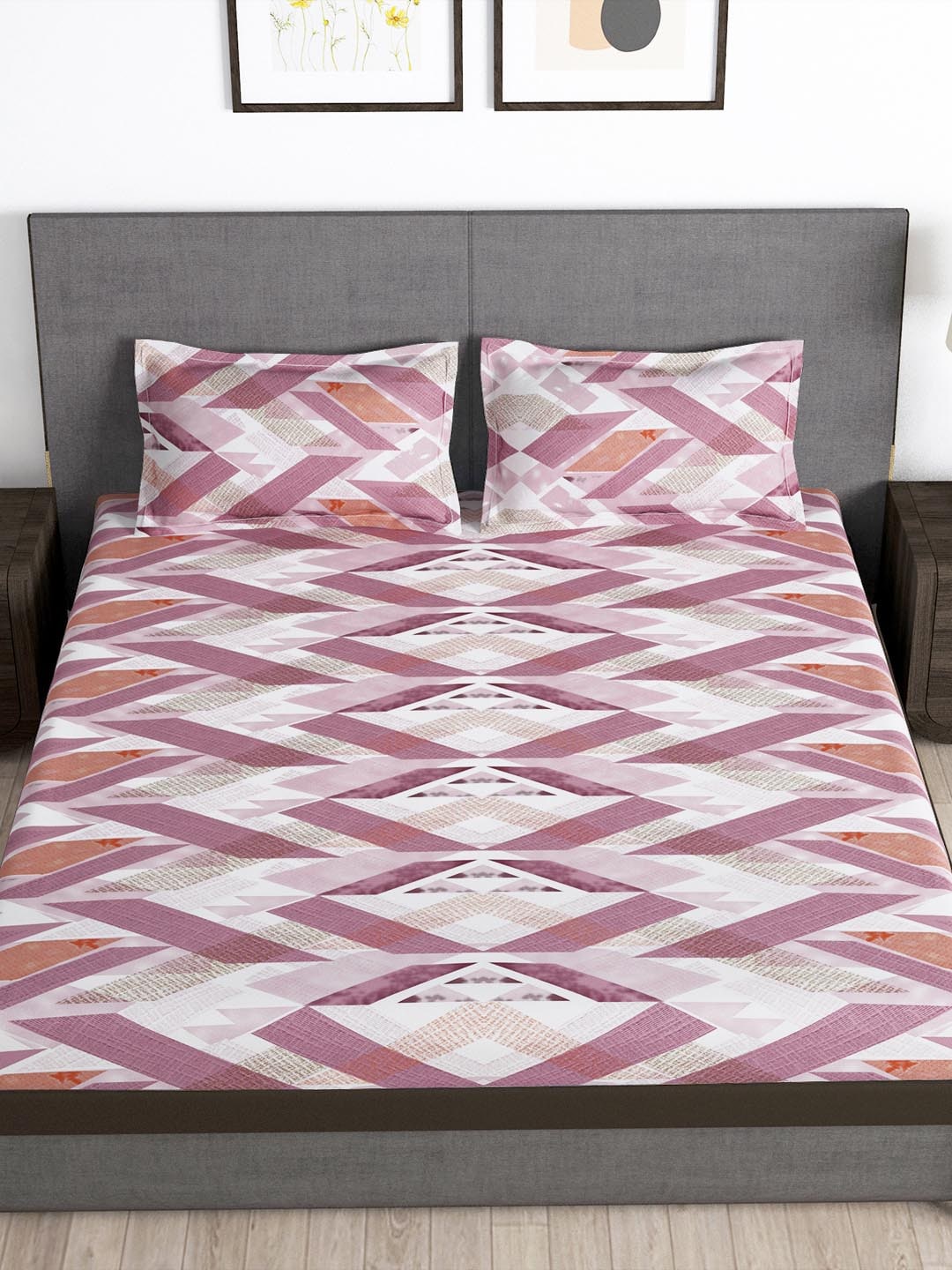 Story@home Arena Pink & White Geometric Printed 180 TC Bedsheet & Pillow Covers - Distacart