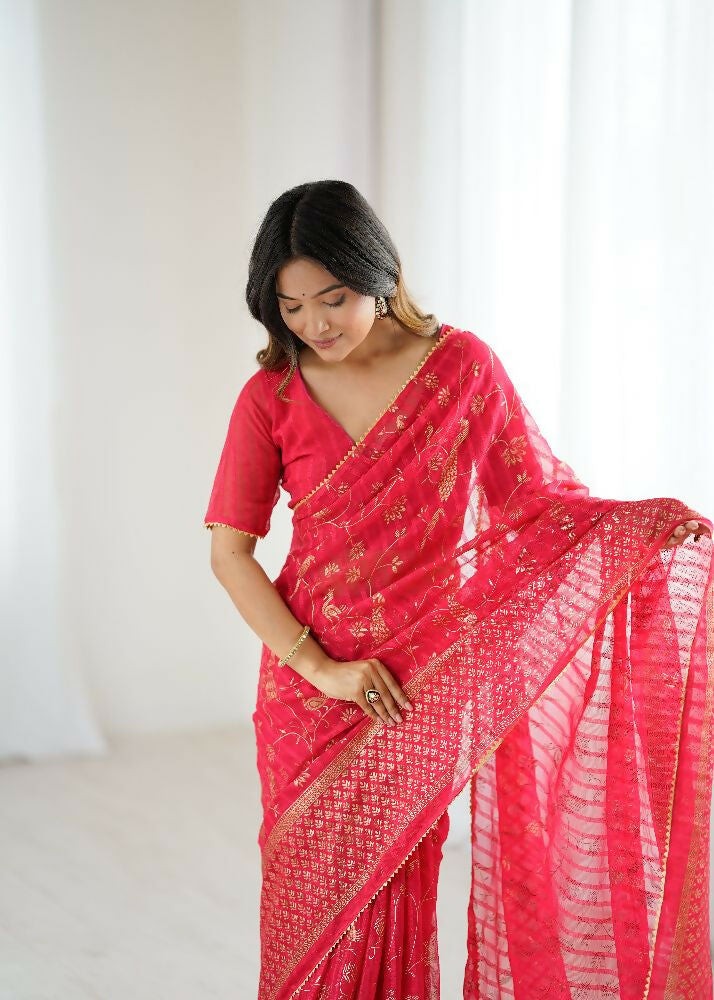 PR Fashion Red Georgette Patta Plain With Foil Work And Small Lace And Zalar Lace Saree