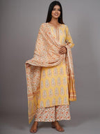 HERE&NOW Women Yellow Floral Printed Thread Work Kurta with Palazzos & With Dupatta