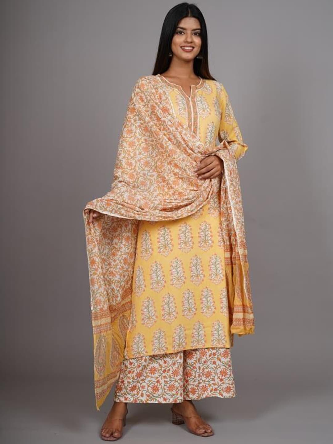 HERE&NOW Women Yellow Floral Printed Thread Work Kurta with Palazzos & With Dupatta