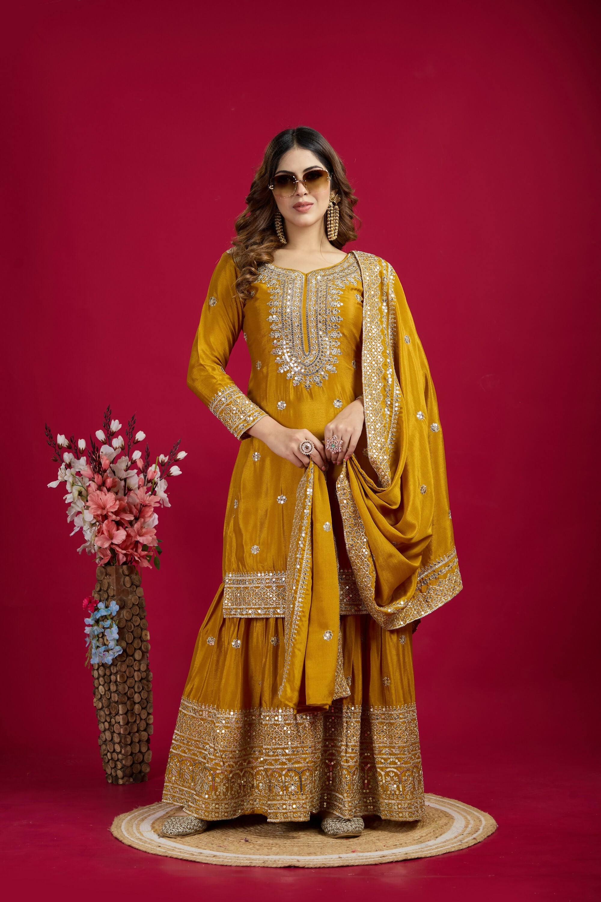Joban Fashion Yellow Kurta Set Silk Sequins , Zari, Coding & Thread Embroidered work - Distacart