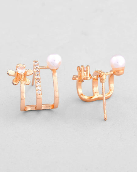 VOJ Gold-Polished Crystal Studded Stud Earrings