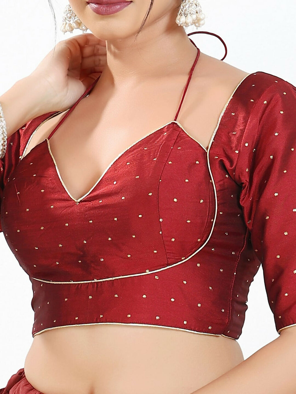 Joban Fashion Maroon Brocade Padded Blouse With Sweetheart Neck Elbow Sleeves - Distacart