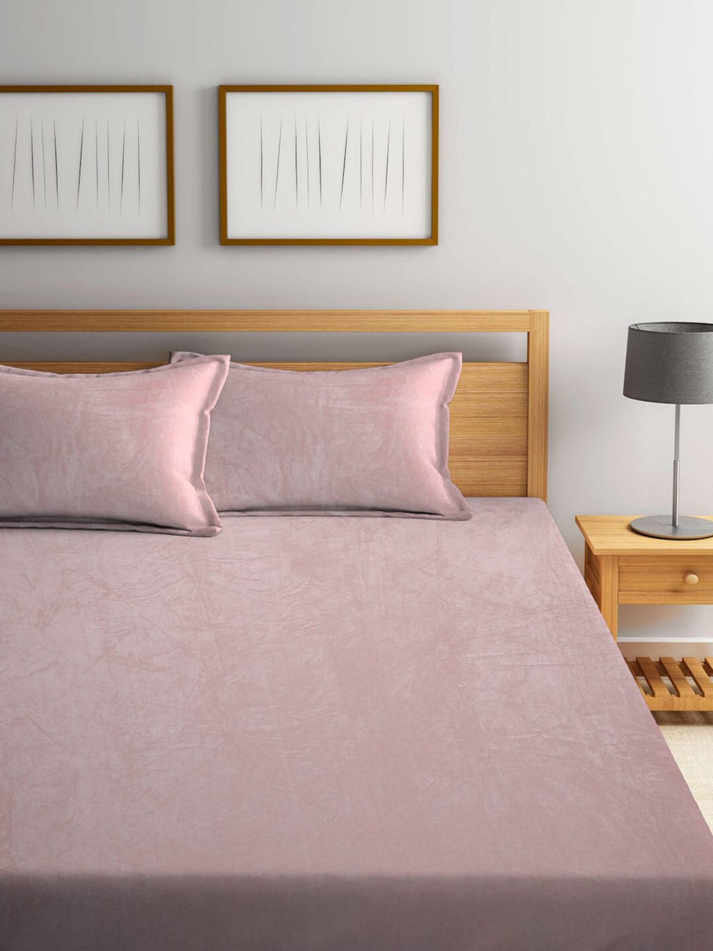 KLOTTHE Pink Woolen 300TC King Bedsheet Fitted Bedsheet With 2 Pillow Covers