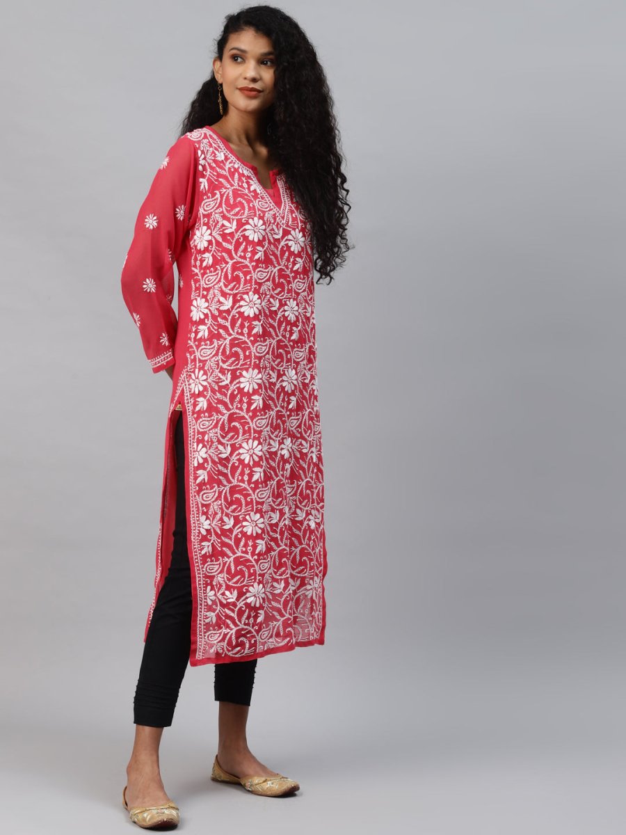 ADA Women Carrot Pink & White Floral Hand Embroidered Chikankari Handloom Kurta & Matching slip