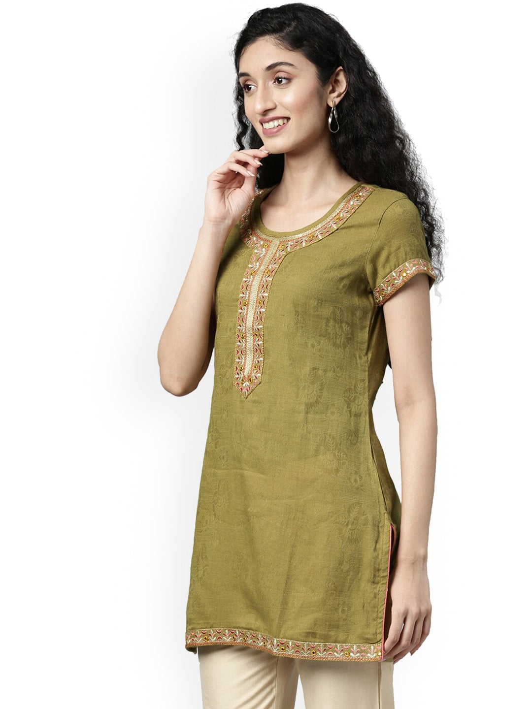 Souchii Olive Green Woven Design Kurta - Distacart